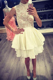 Ivory High Neck Satin Homecoming Dress with Lace, Short Two Layers Prom Dress