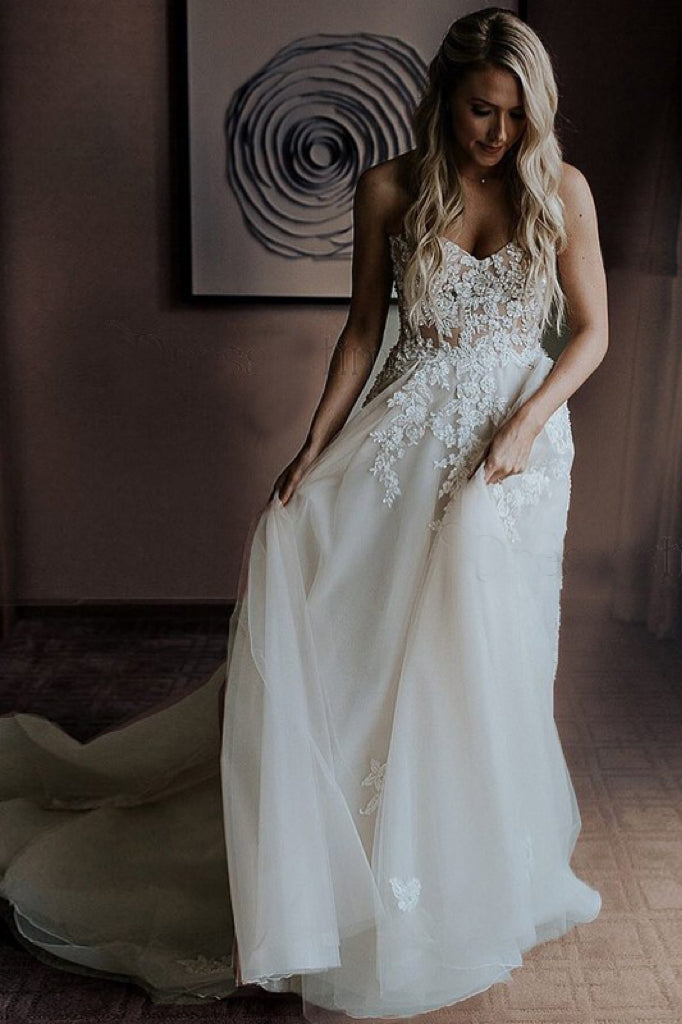 Ivory Lace Applique Tulle Sweetheart Strapless A Line Beach Wedding Dresses N1783