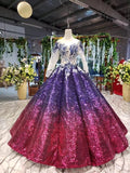 Gorgeous Ball Gown Long Sleeves Sequins Ombre Quinceanera Puffy Prom Dresses