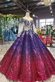 Gorgeous Ball Gown Long Sleeves Sequins Ombre Quinceanera Puffy Prom Dresses