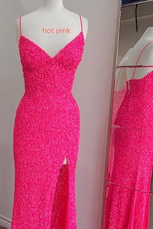Sexy Mermaid Sequins Spaghetti Straps Long Prom Party Dress With Slit OK1309