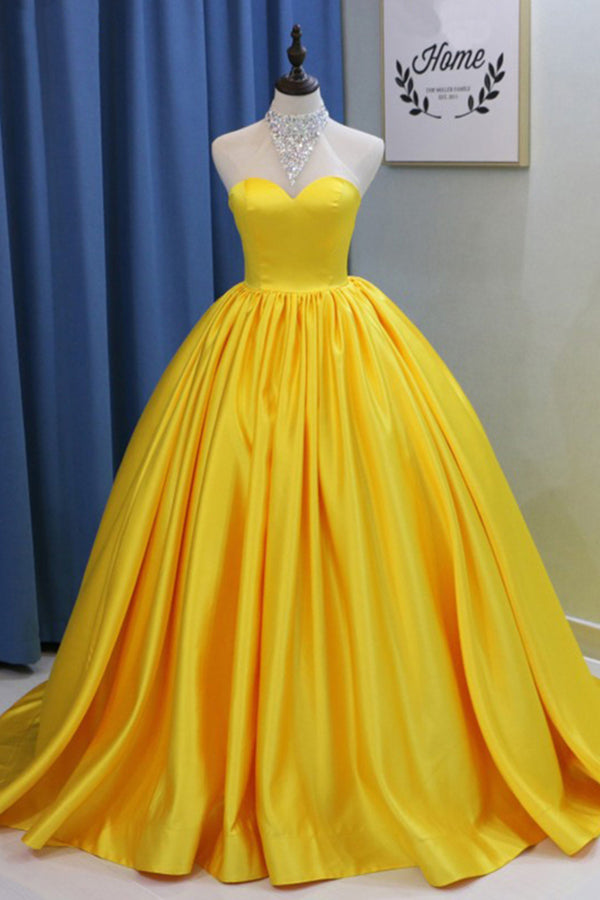 Yellow Ball Gown High Neck Prom Dress with Beading, Long Halter Quinceanera Dress N1296