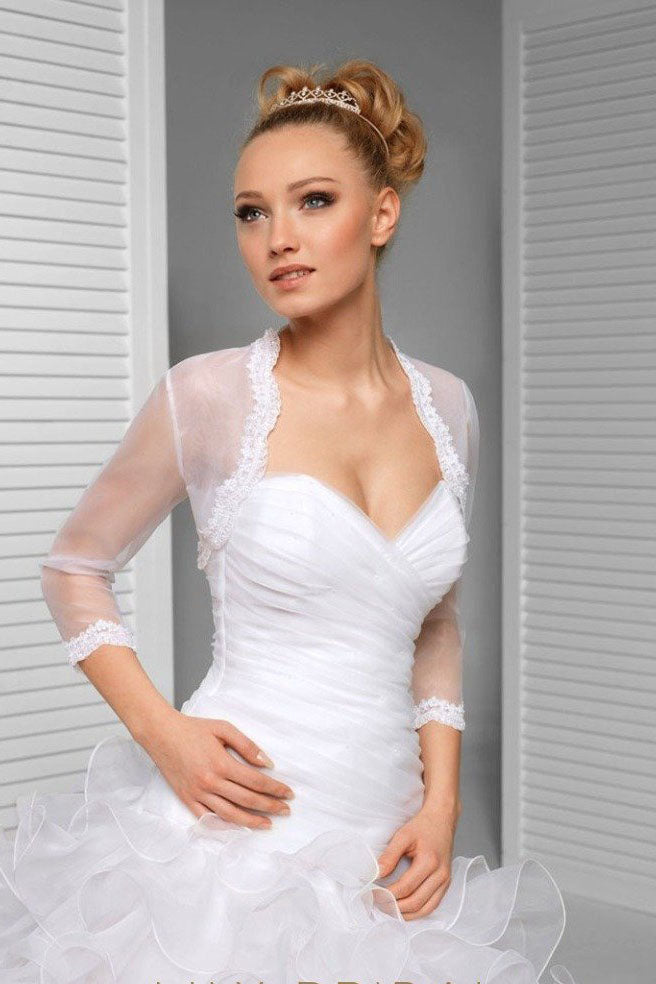 3/4 Sleeve Illusion Tulle Bridal Jacket Scalloped Lace Top, Sheer Wedding Jacket with Lace