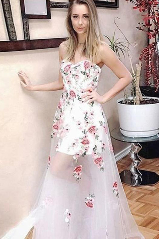 Ivory Floral Prints Sweetheart Strapless See Through Prom Dresses, Long Party Dress N1481