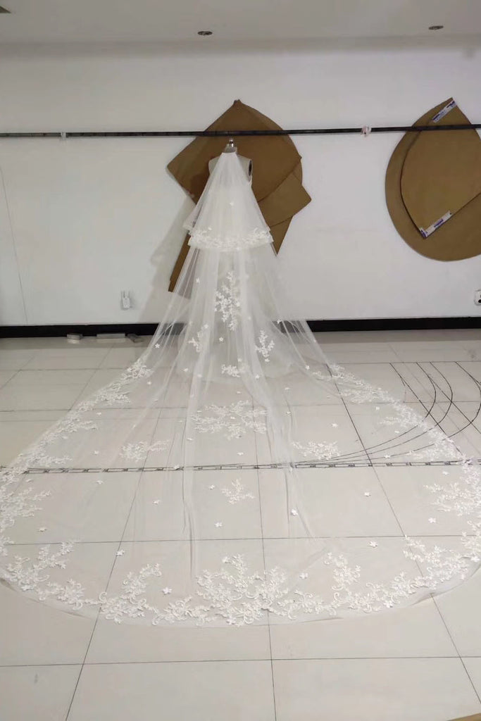 Two Tiers Ivory Lace Appliqued Cathedral Length Tulle Wedding Veil Charming Bridal Veil V038