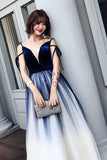 Blue Ombre Long Tulle Prom Dresses Unique V Neck Sleeveless Party Dresses Dance Dresses N1599
