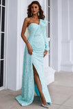 Trumpet One Shoulder Ruffle Long Sleeve Evening Party Dresses Side Split Sequins Prom Dresses