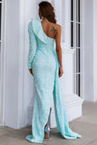 Trumpet One Shoulder Ruffle Long Sleeve Evening Party Dresses Side Split Sequins Prom Dresses