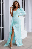 Trumpet One Shoulder Ruffle Long Sleeve Evening Party Dresses Side Split Sequins Prom Dresses