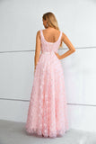 Pink Sweet Flower Prom Dress Long Lace Straps Party Dress