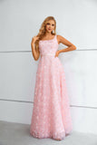 Pink Sweet Flower Prom Dress Long Lace Straps Party Dress