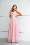 Pink Sweet Flower Prom Dress Long Lace Straps Party Dress