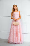 Pink Sweet Flower Prom Dress Long Lace Straps Party Dress