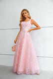 Pink Sweet Flower Prom Dress Long Lace Straps Party Dress