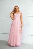 Pink Sweet Flower Prom Dress Long Lace Straps Party Dress