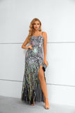 Shiny Spaghetti Straps Evening Dress Colorful Sequins Prom Dress with Side Split