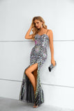 Shiny Spaghetti Straps Evening Dress Colorful Sequins Prom Dress with Side Split