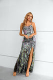 Shiny Spaghetti Straps Evening Dress Colorful Sequins Prom Dress with Side Split