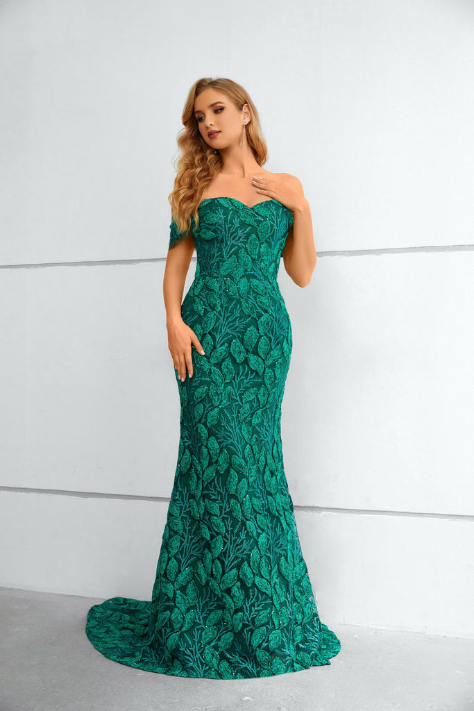 Off the Shoulder Green Appliques Prom Dress Mermaid Long Evening Dress