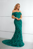 Off the Shoulder Green Appliques Prom Dress Mermaid Long Evening Dress