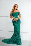 Off the Shoulder Green Appliques Prom Dress Mermaid Long Evening Dress