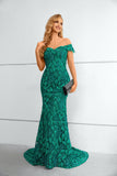 Off the Shoulder Green Appliques Prom Dress Mermaid Long Evening Dress