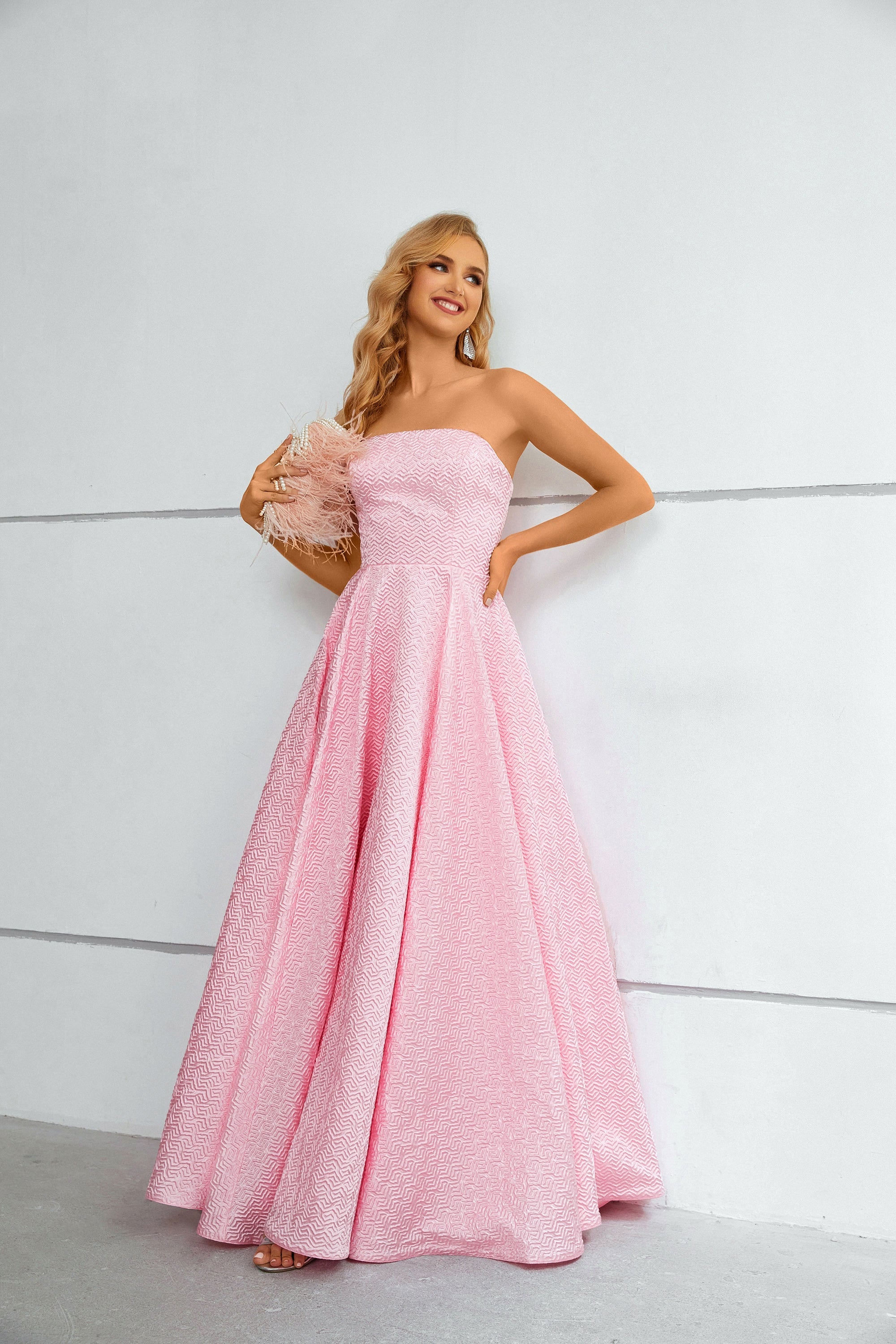 A Line Pink Strapless Floor Length Party Prom Dress