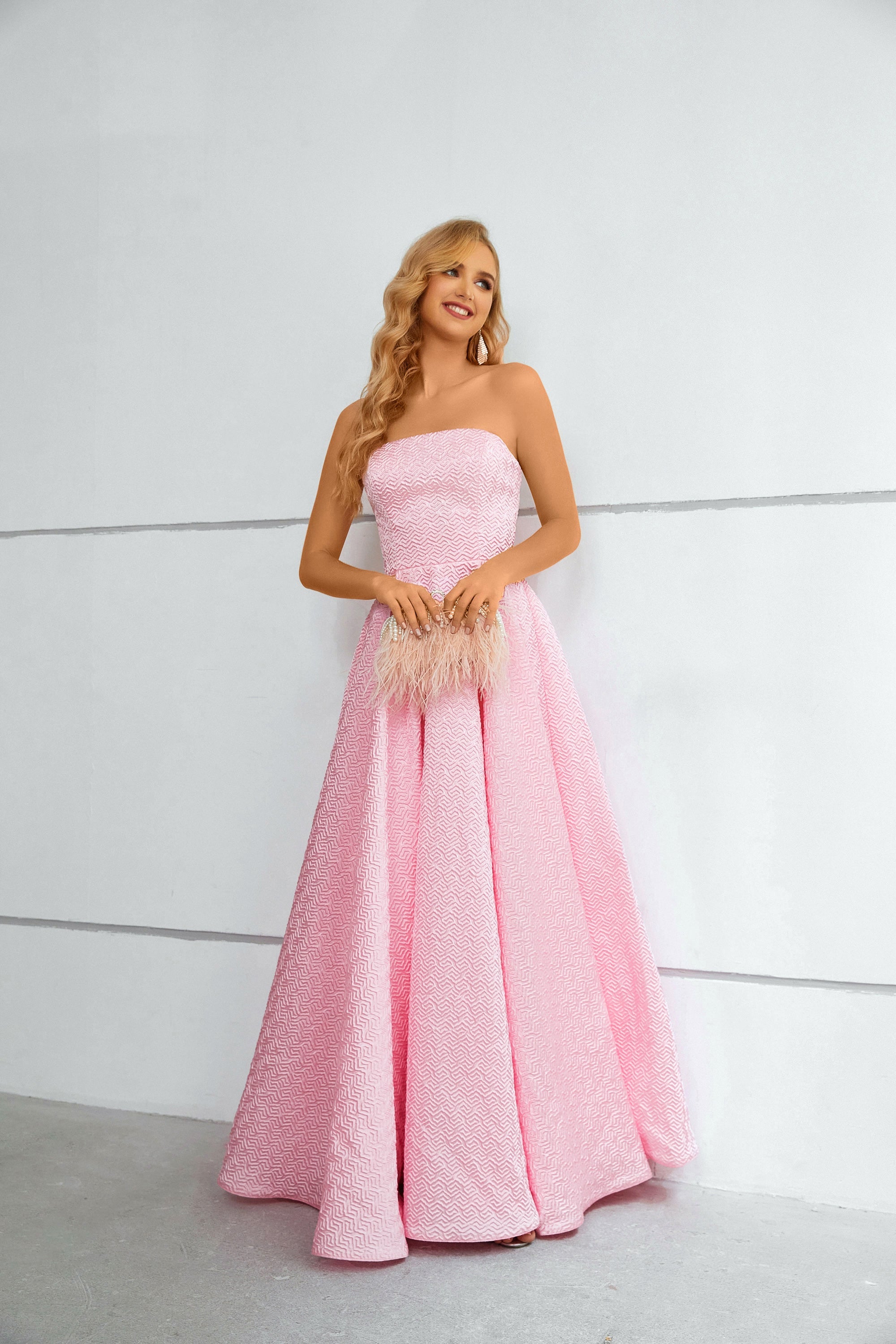 A Line Pink Strapless Floor Length Party Prom Dress