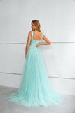 Column Straps Sleeveless Shiny Lace Prom Dress with Detachable Tulle Train