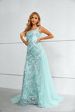 Column Straps Sleeveless Shiny Lace Prom Dress with Detachable Tulle Train