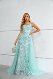 Column Straps Sleeveless Shiny Lace Prom Dress with Detachable Tulle Train