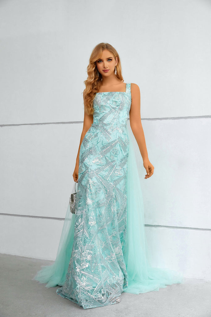 Column Straps Sleeveless Shiny Lace Prom Dress with Detachable Tulle Train