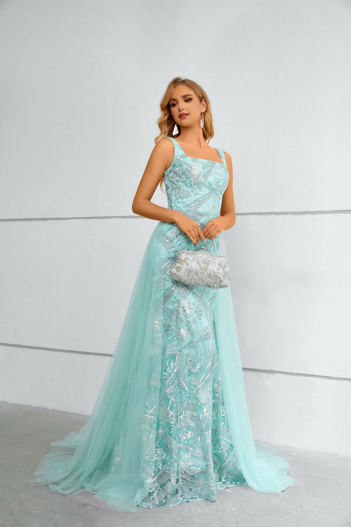 Column Straps Sleeveless Shiny Lace Prom Dress with Detachable Tulle Train