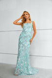 Column Straps Sleeveless Shiny Lace Prom Dress with Detachable Tulle Train