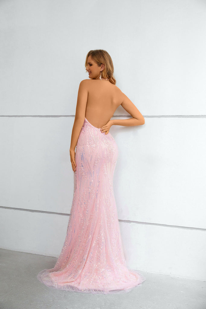 Halter Mermaid Keyhole Pink Beaded and Sequins Prom Dress