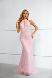 Halter Mermaid Keyhole Pink Beaded and Sequins Prom Dress