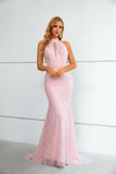 Halter Mermaid Keyhole Pink Beaded and Sequins Prom Dress