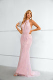 Halter Mermaid Keyhole Pink Beaded and Sequins Prom Dress