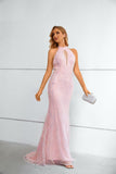 Halter Mermaid Keyhole Pink Beaded and Sequins Prom Dress