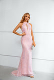 Halter Mermaid Keyhole Pink Beaded and Sequins Prom Dress