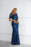 Elegant Short Sleeve Sparkly Sequins Mermaid Long Prom Dress