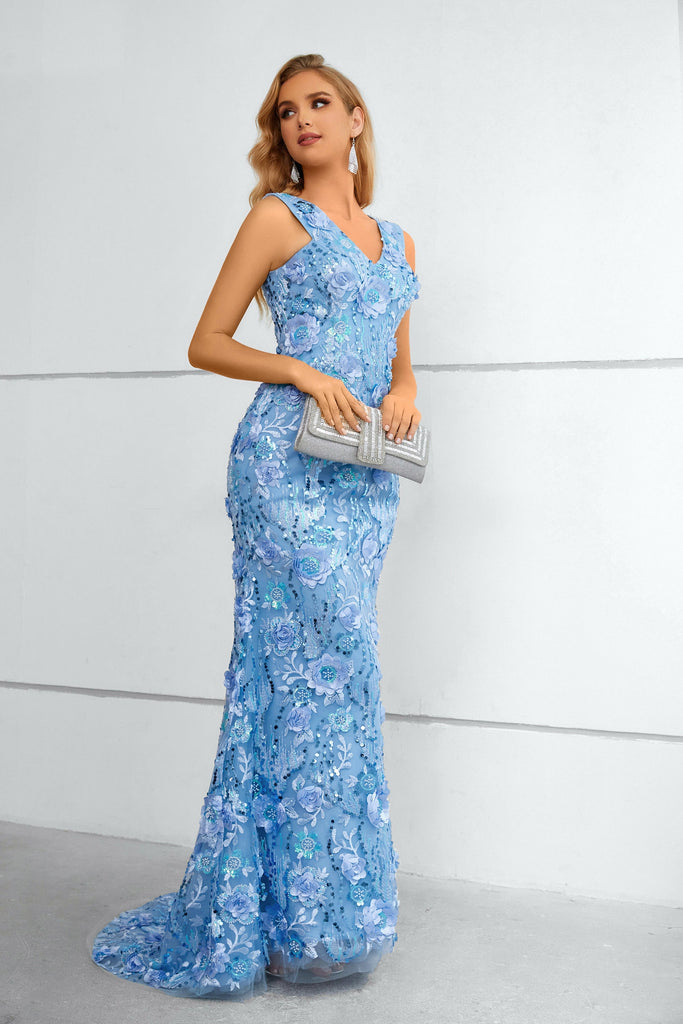 Unique Sleeveless Beaded Long Prom Dress with Flower Appliques