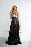 Unique Shiny Strapless Prom Dress Black Sequins Long Evening Dress