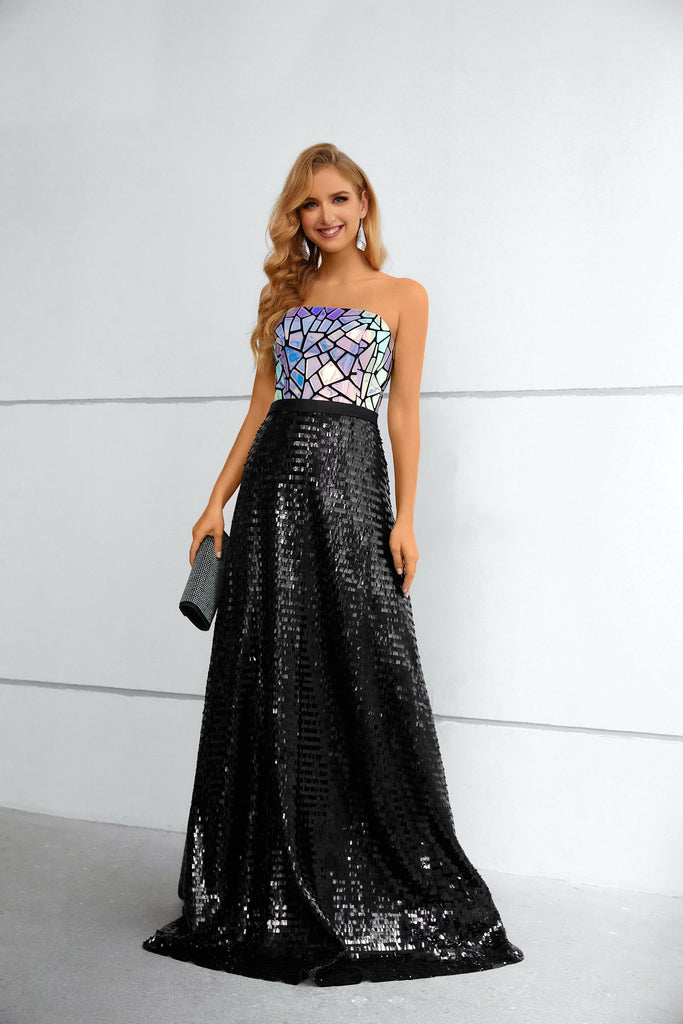 Unique Shiny Strapless Prom Dress Black Sequins Long Evening Dress