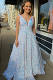 Shiny Sequins A-Line V-Neck Formal Evening Dresses Long Prom Dresses