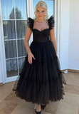 Black Tulle Ruffles Tea Length Formal Prom Graduation Dress PM204