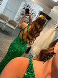 One Shoulder Mermaid Shiny Green Sequins Long Prom Dresses