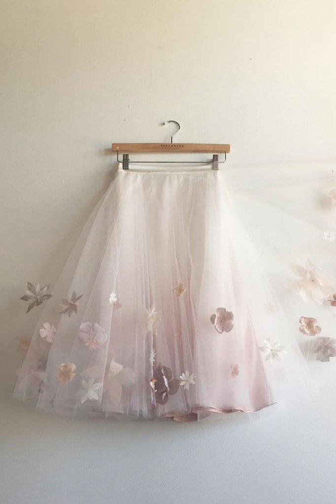 Knee Length Tulle Skirt with Appliques, Cute A Line Tulle Skirt, Cheap Tulle Skirt
