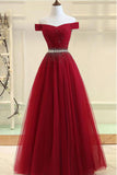 Off the Shoulder Tulle Long Prom Dresses with Rhinestones Burgundy Formal Dresses N1544