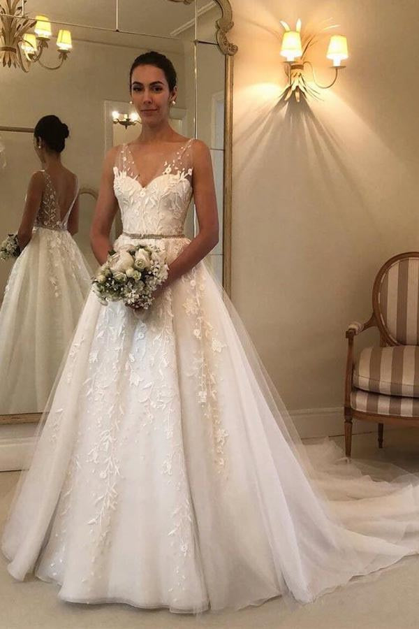 Romantic V Neck Beach Wedding Dress with Lace Appliques, A Line Bridal Dresses N1722